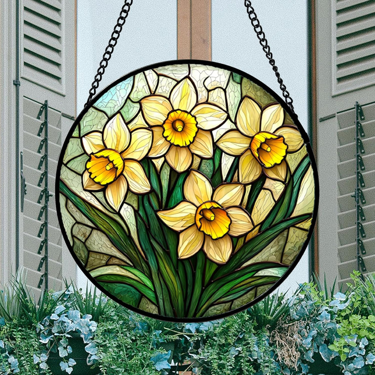 Stained Glass Window Hanging, Daffodil Plant Flowers Sun Catchers Diamond Glass Panel Hangings