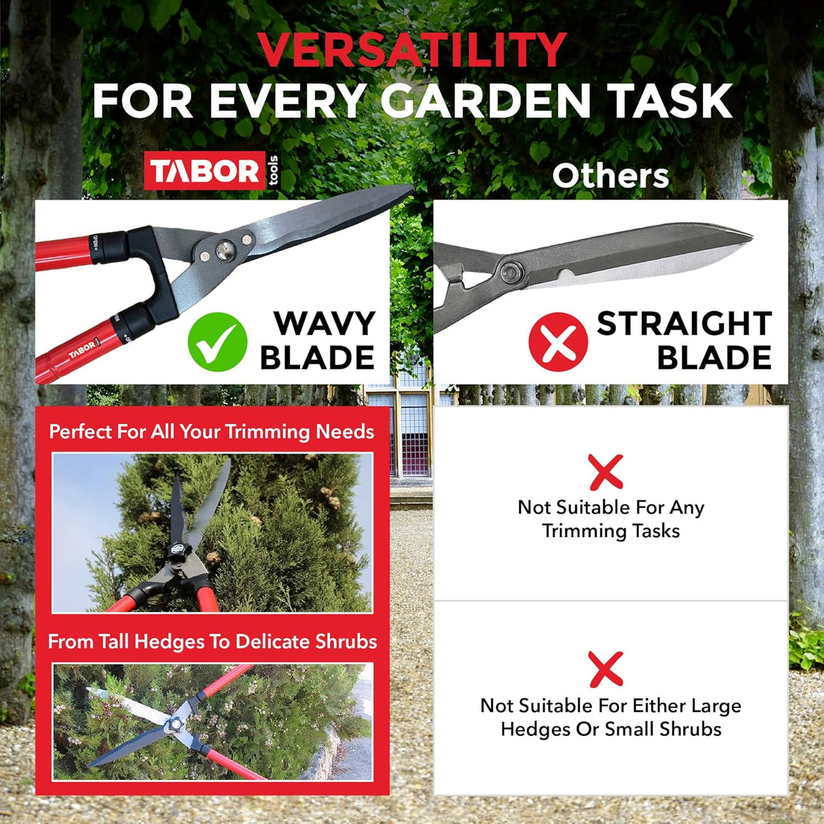 TABOR TOOLS B212A Telescopic Hedge Shears with Wavy Blade and Extendable Steel Handles. Extendable