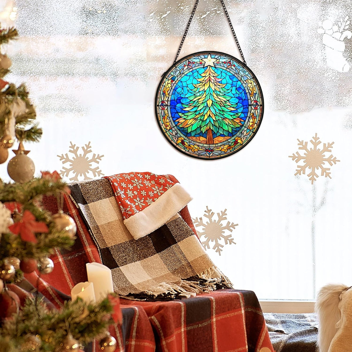 Christmas Tree Suncatcher Stained Glass Window Hanging Decor, Winter Xmas Tree Stained Glass Wall