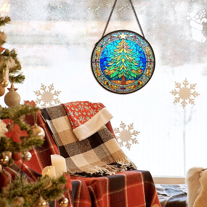 Christmas Tree Suncatcher Stained Glass Window Hanging Decor, Winter Xmas Tree Stained Glass Wall