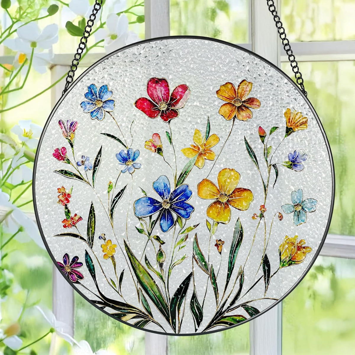 Wildflower Stained Glass Suncatcher, Stained Glass Window Hanging, 8 Inch Wildflower Window Decor