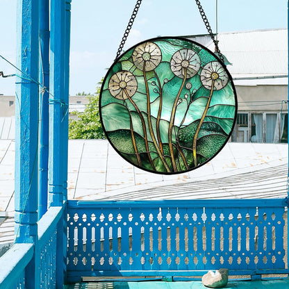 Stained Glass Window Hanging, Green Abstract Lotus Leaves Tree Sun Catcher for Window Door Home