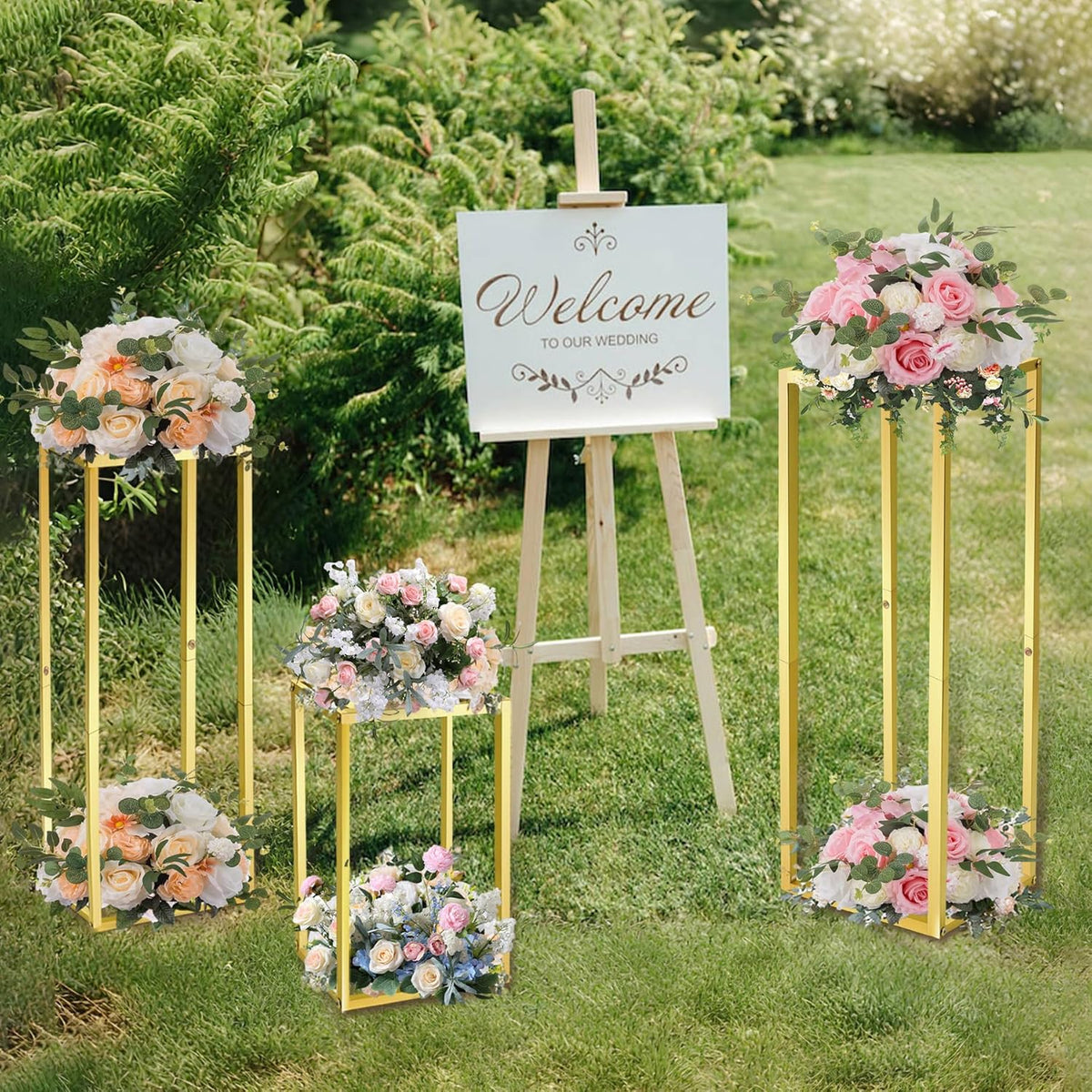 Cylinder Pedestal Stands for Party & Plant,3pcs Square Gold Metal Wedding Flower Display Stand for
