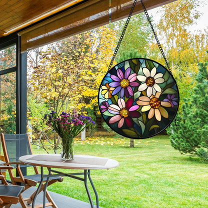 Stained Glass Window Hanging - Colorful Daisies Suncatcher for Door Garden Patio Retro Flower Sun