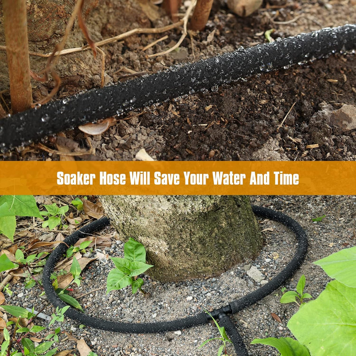 Soaker Hose 50ft for Garden Beds, Solid Brass Interface Irrigation Save 70% Water Heavy Duty Rubber