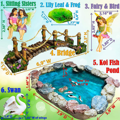 Mood Lab Fairy Garden Fish Pond Kit - Miniature Bridge Set of 6 pcs Fairy Garden Figurines &