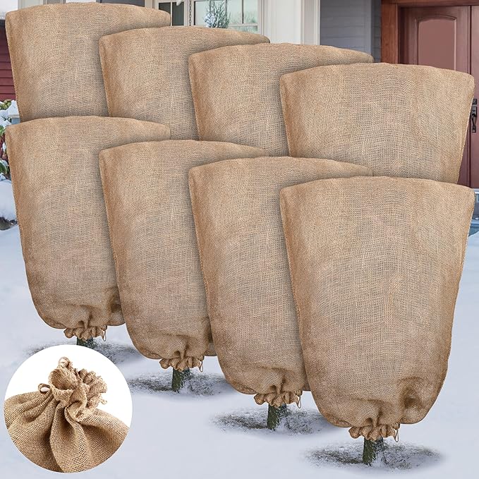 8 Packs Winter Burlap Plant Covers Bags 39.4 x 47.2 Inch Large Burlap Sack Plant Blanket with