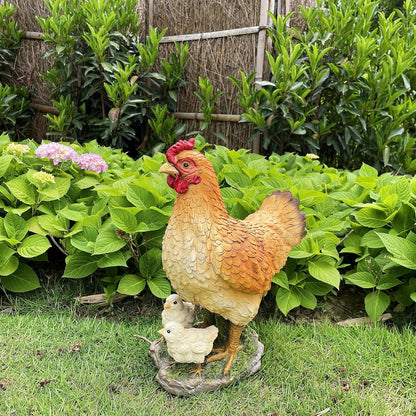 Garden Mother Hen and Baby Chick Statue Sculpture Standing Resin Farm Animal Decoration Chicken