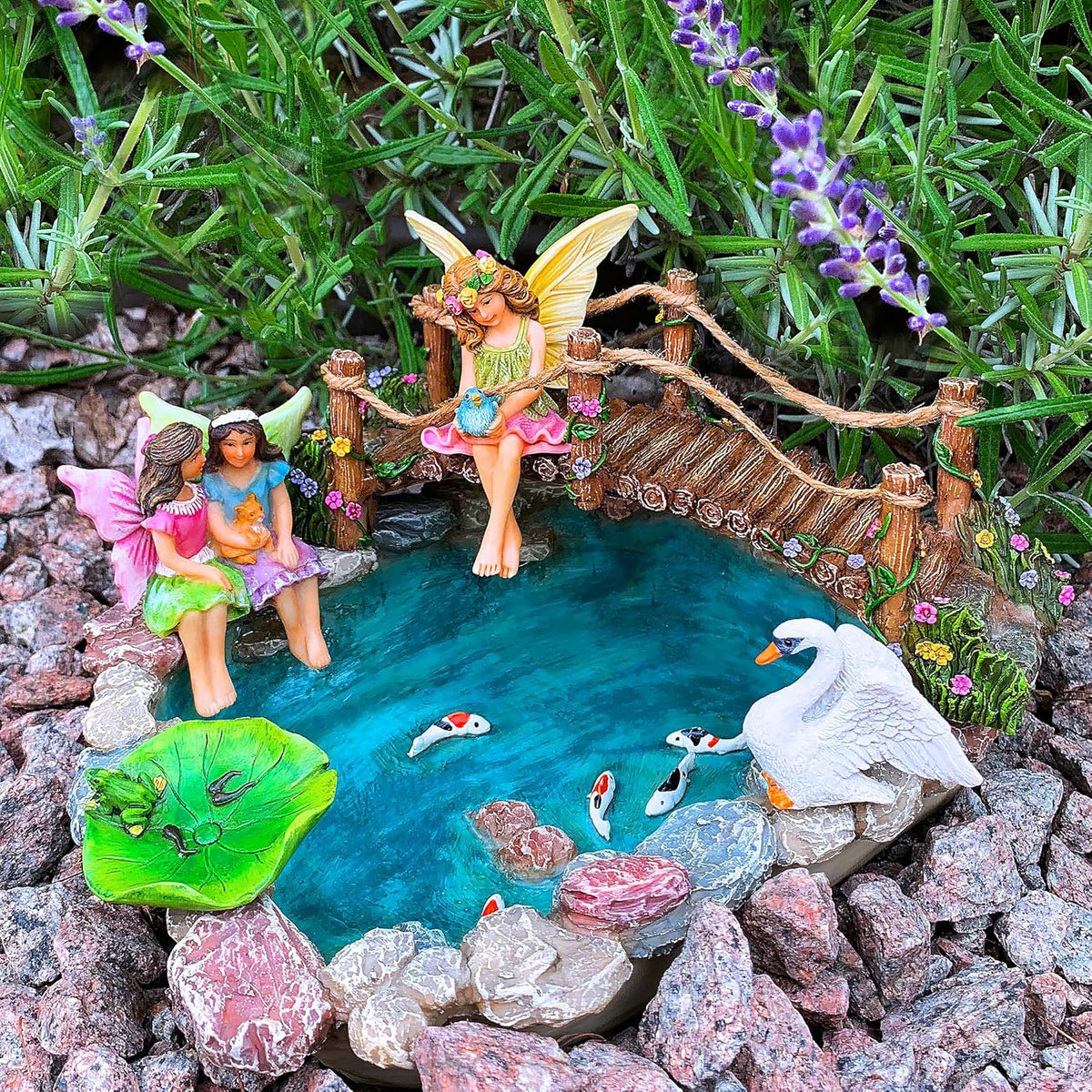 Mood Lab Fairy Garden Fish Pond Kit - Miniature Bridge Set of 6 pcs Fairy Garden Figurines &