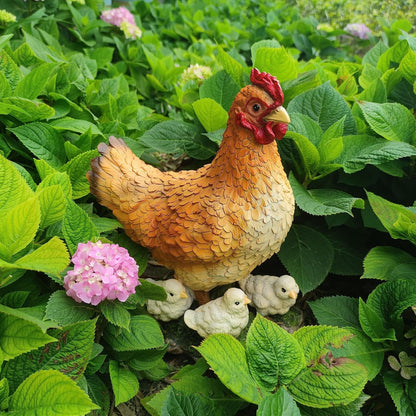 Garden Mother Hen and Baby Chick Statue Sculpture Standing Resin Farm Animal Decoration Chicken