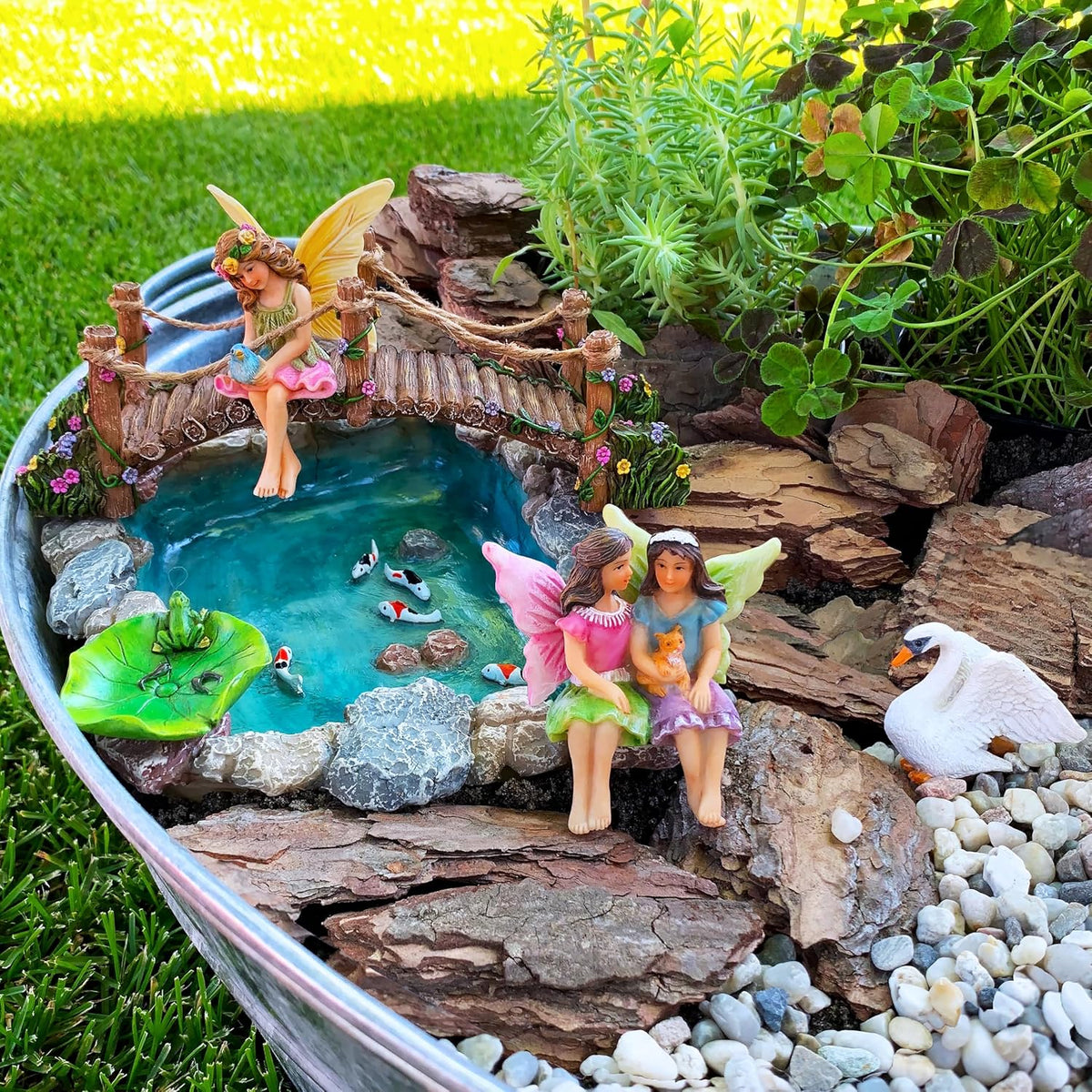 Mood Lab Fairy Garden Fish Pond Kit - Miniature Bridge Set of 6 pcs Fairy Garden Figurines &