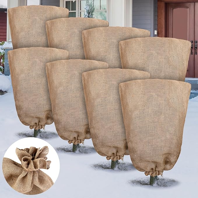 8 Packs Winter Burlap Plant Covers Bags 23.6 x 39.4 Inch Large Burlap Sack Plant Blanket with