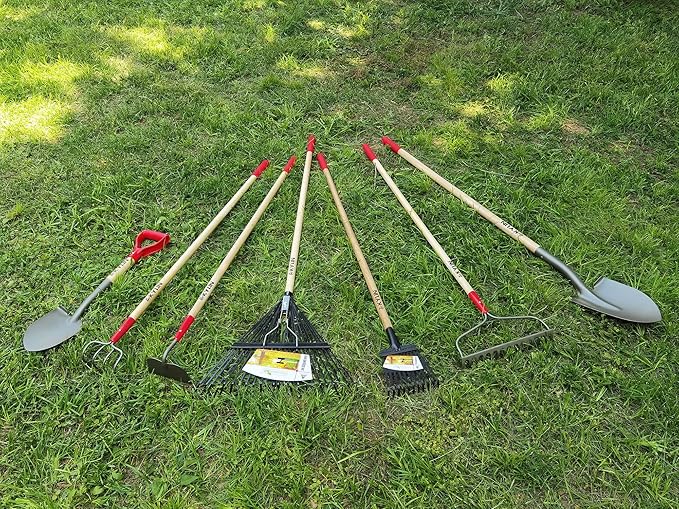 GardenAll 7-Piece Shovels Rakes Hoe Set Garden Tools Gifts for Women Long Wood Handle Pointy