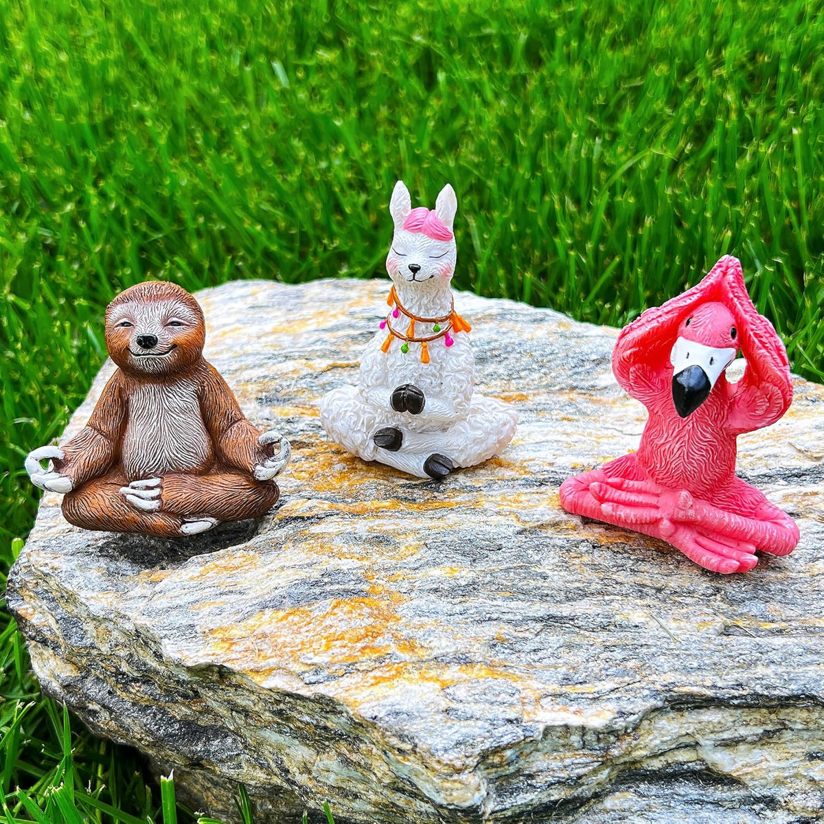 Mood Lab Miniature Yoga Figurines Set - Funny Mini Statue Kit of 3 pcs - Flamingo, Lama & Sloth in