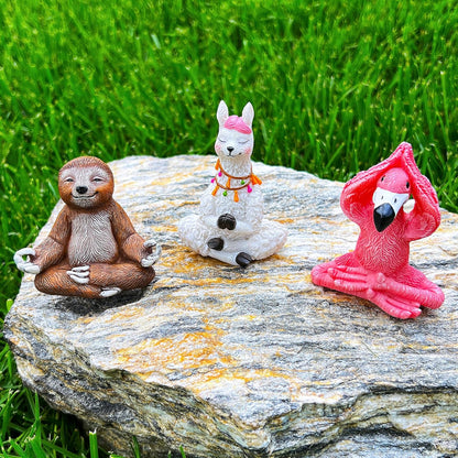 Mood Lab Miniature Yoga Figurines Set - Funny Mini Statue Kit of 3 pcs - Flamingo, Lama & Sloth in