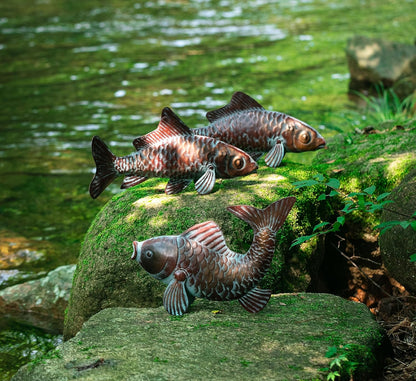 Set of 3 Outdoor Garden Koi Fish Sculptures & Statues Antique Copper Fish Yard Décor, Metal Koi