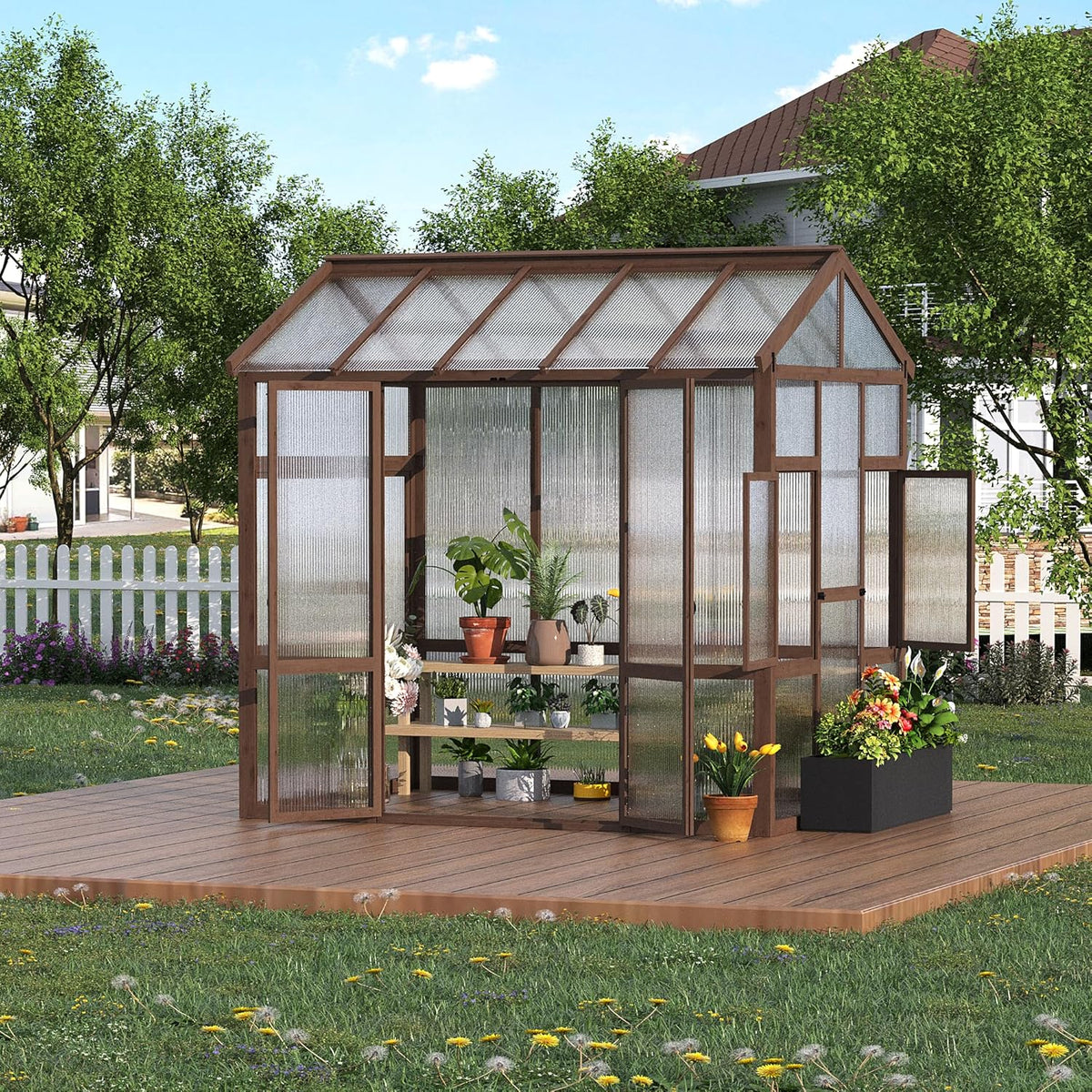 6x8 ft Wooden Greenhouse for Outdoor - Heavy Duty Walk-in Green House Kit with 6 mm