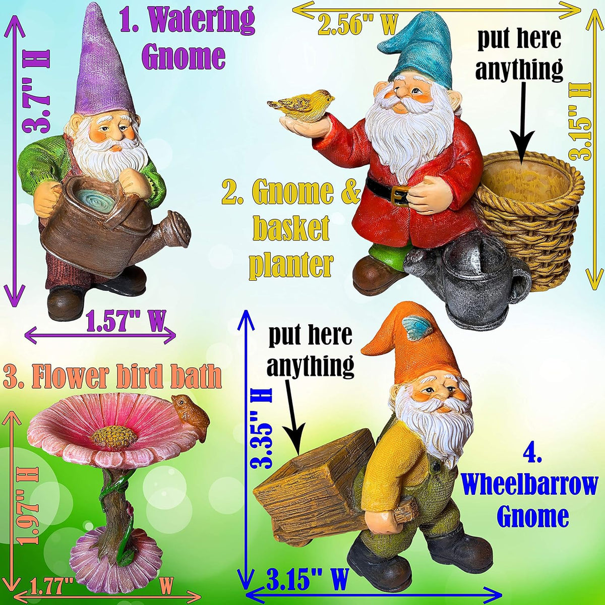 Mood Lab Miniature Gardening Gnomes Set of 4 pcs - 3,5" H Garden Gnome Figurines & Accessories Kit