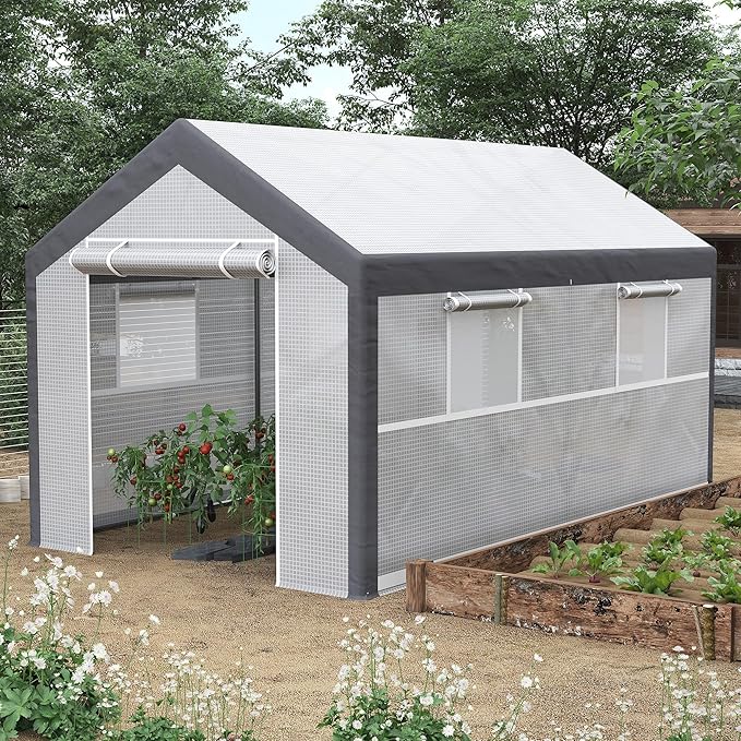 Outsunny 12' x 7' x 7' Walk-in Greenhouse, Outdoor Garden Warm Hot House with 4 Roll-up Windows, 2