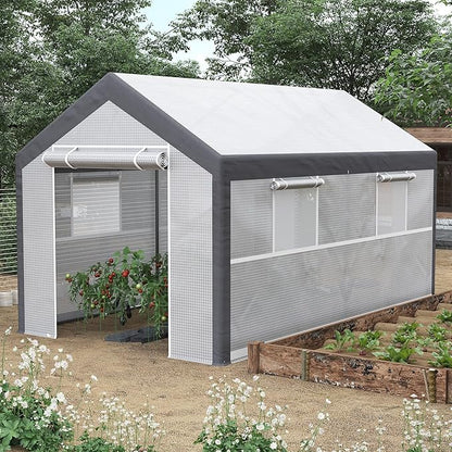 Outsunny 12' x 7' x 7' Walk-in Greenhouse, Outdoor Garden Warm Hot House with 4 Roll-up Windows, 2