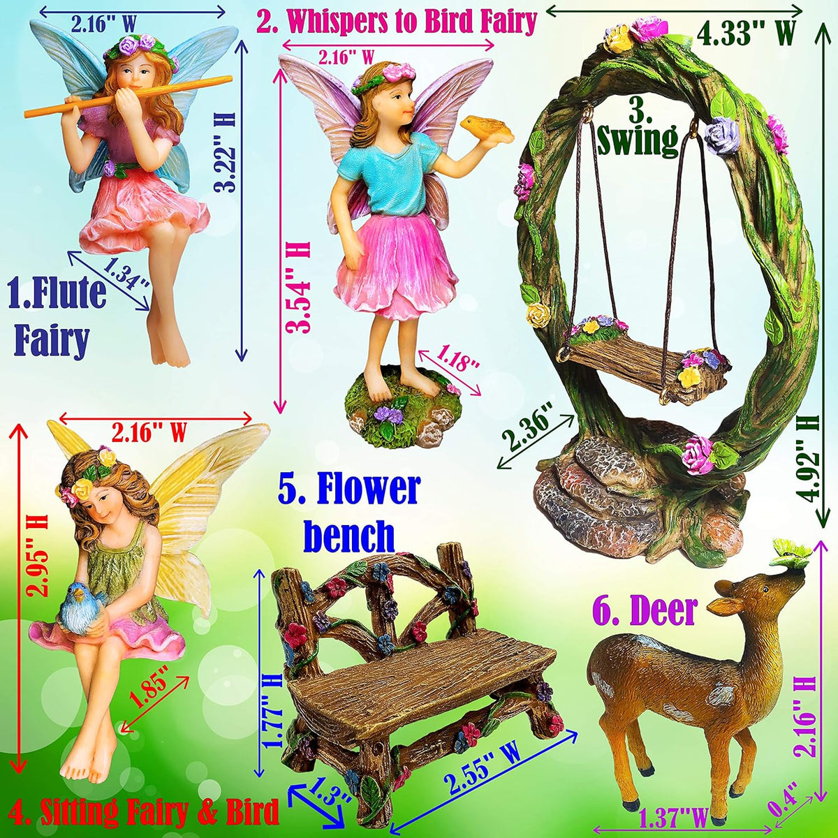 Mood Lab Fairy Garden Kit - Swing Set of 6 pcs Miniature Figurines & Accessories - Hand Painted for