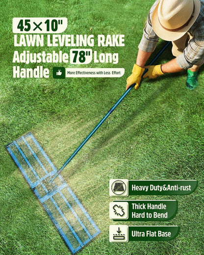 Lawn Leveling Rake,Stainless Steel Lawn Leveler with 45”x10” Ground Plate, 78” Adjustable Long