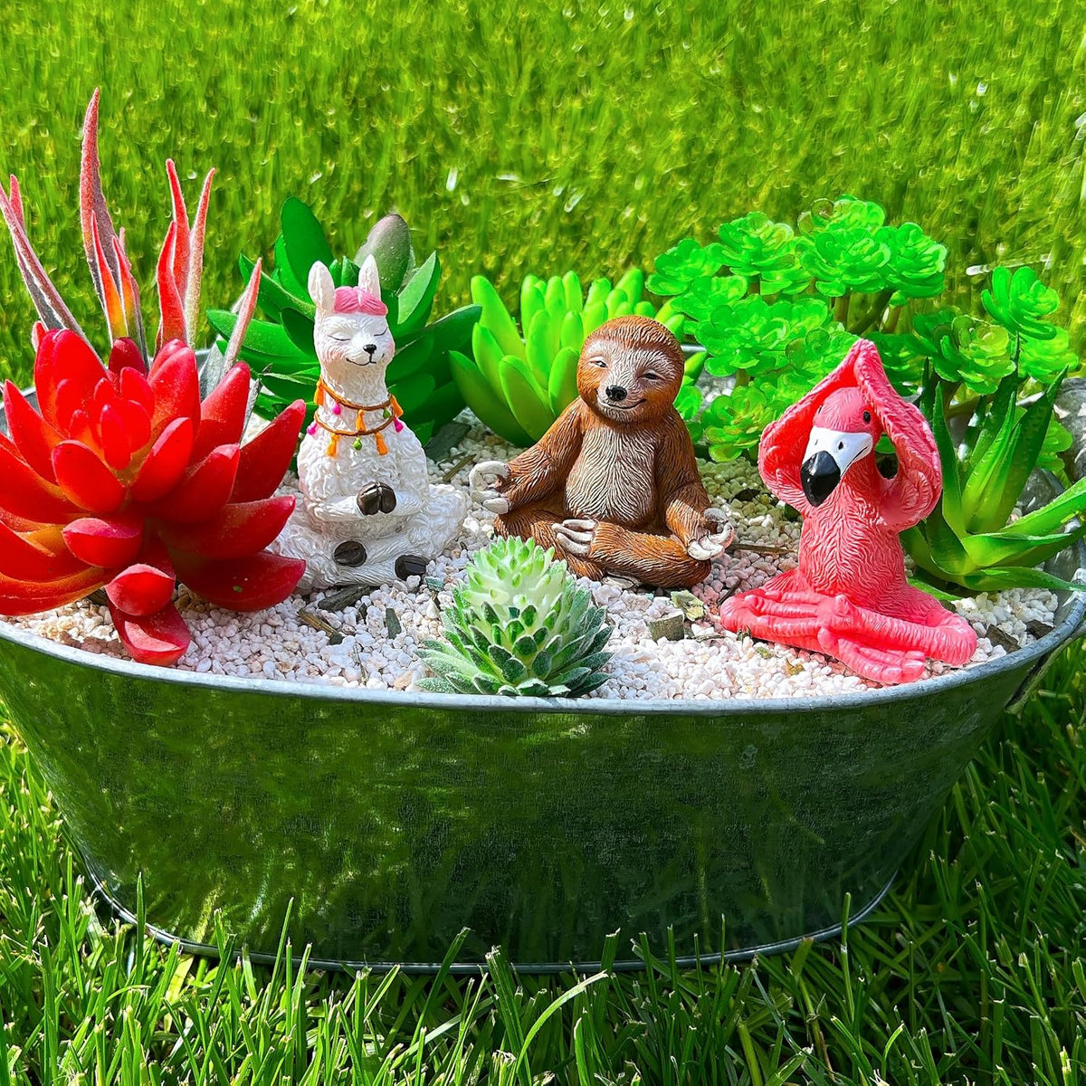 Mood Lab Miniature Yoga Figurines Set - Funny Mini Statue Kit of 3 pcs - Flamingo, Lama & Sloth in