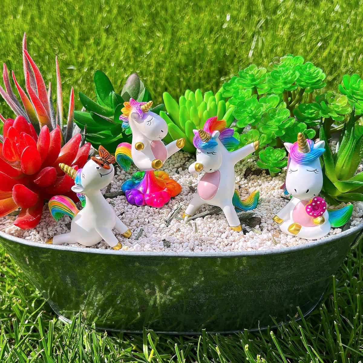 Mood Lab Miniature Unicorn Figurines Set - Funny Mini Statue Kit of 4 pcs - Unicorn Fairy Garden