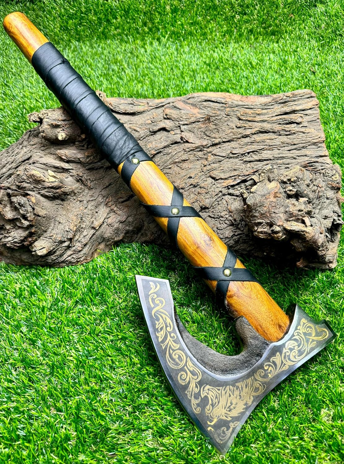 AX-7004 Custom Gift Forged Carbon Steel Viking Axe with Rose Wood Shaft, Viking Bearded Camping Axe