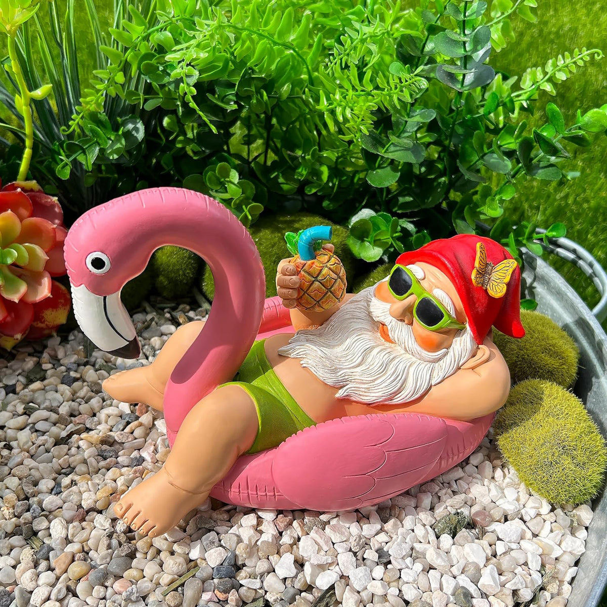 Mood Lab Garden Gnome on Flamingo - Funny Gnome Figurine - 8 Inch Depth Lawn Statue - for Outdoor