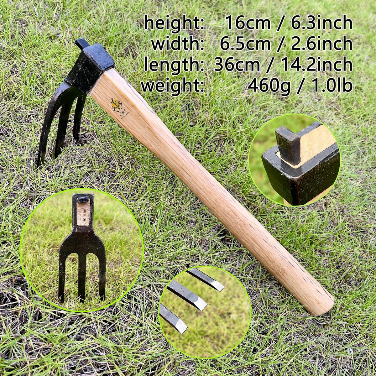 14 inch Japanese Hand Tiller/Rake for Garden, 3-tines Cultivator, Without Welding, Oak Handle, for