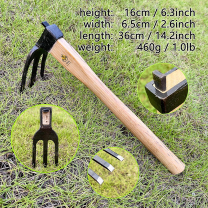 14 inch Japanese Hand Tiller/Rake for Garden, 3-tines Cultivator, Without Welding, Oak Handle, for