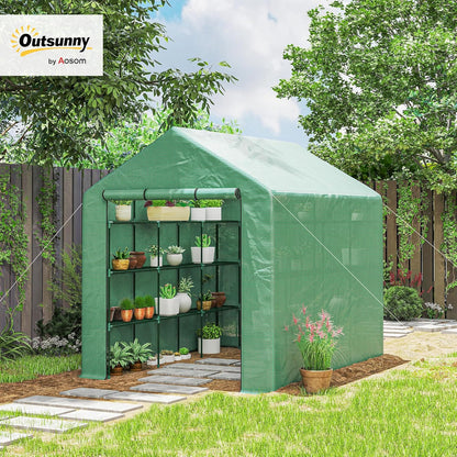 Outsunny 8' x 6' x 7' Walk-in Greenhouse, PE Cover, 4-Tier Shelves, Steel Frame Hot House, Roll-Up