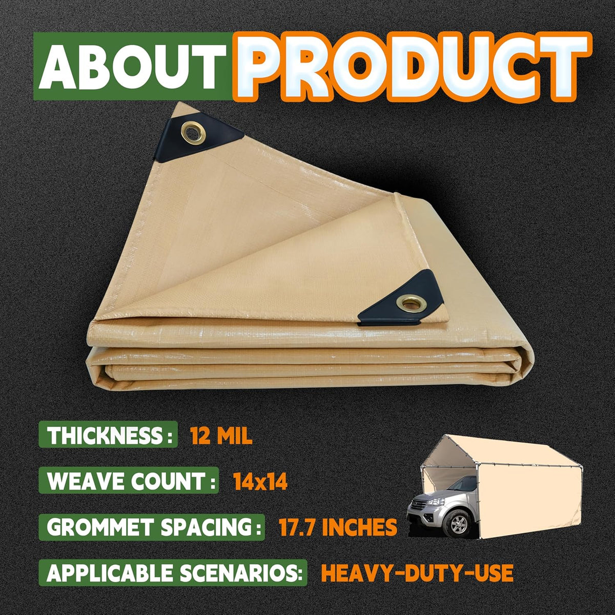 RAINDEWAY 10x12 Feet Heavy Duty Tarp,12 Mil Tan Waterproof Poly Tarp Cover,UV