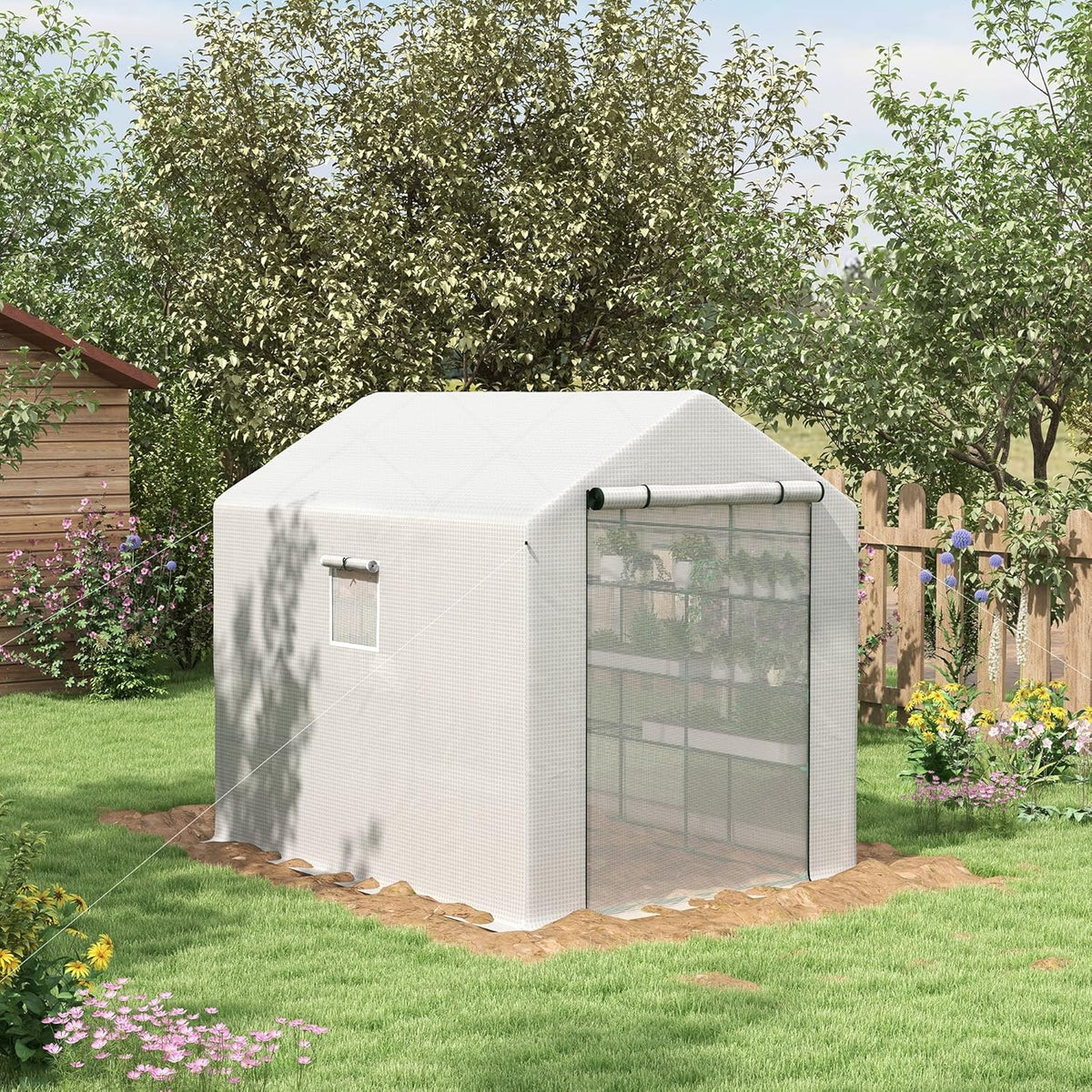 Outsunny 8' x 6' x 7' Walk-in Greenhouse, PE Cover, 4-Tier Shelves, Steel Frame Hot House, Roll-Up