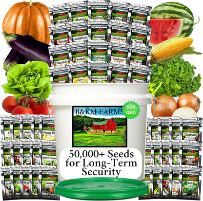 Survival Seed Vault: 50 Varieties, 50,000+ Non-GMO Heirloom Seeds - 5+ Year Supply in Secure Bucket