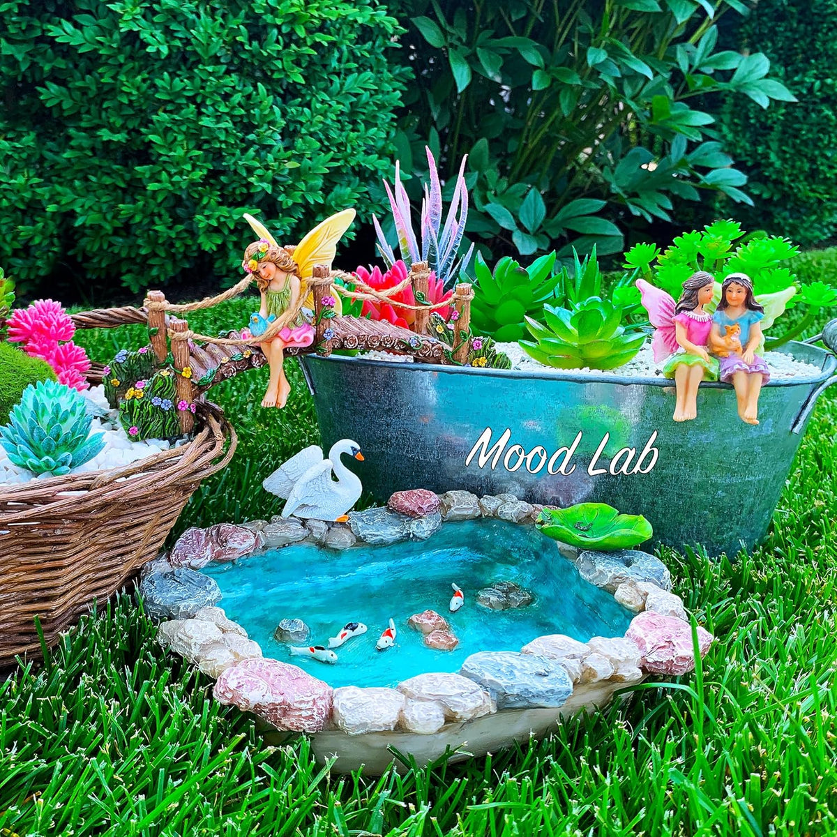 Mood Lab Fairy Garden Fish Pond Kit - Miniature Bridge Set of 6 pcs Fairy Garden Figurines &