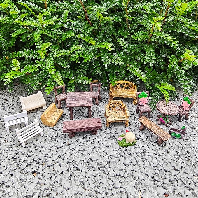 Miniature Garden Furniture Set - 14-Piece Resin Miniature Table and Chairs Set for Outdoor Decor