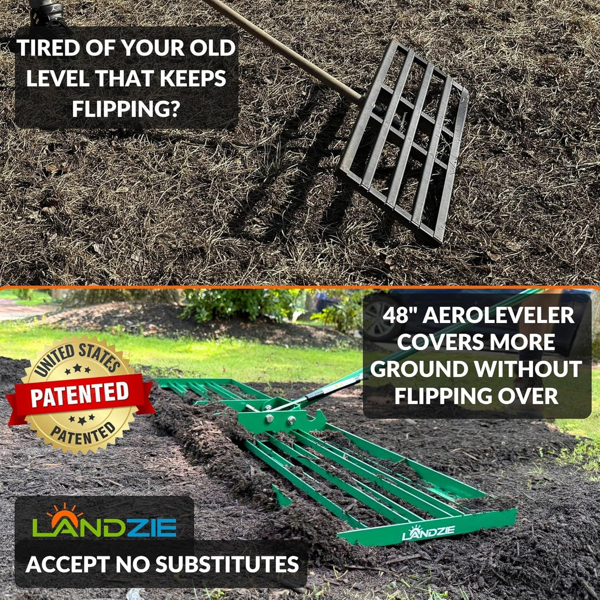 Landzie AeroLeveler - The Lawn Leveling Rake That Never Flips - Patented 48" inch Wide Pneumatic