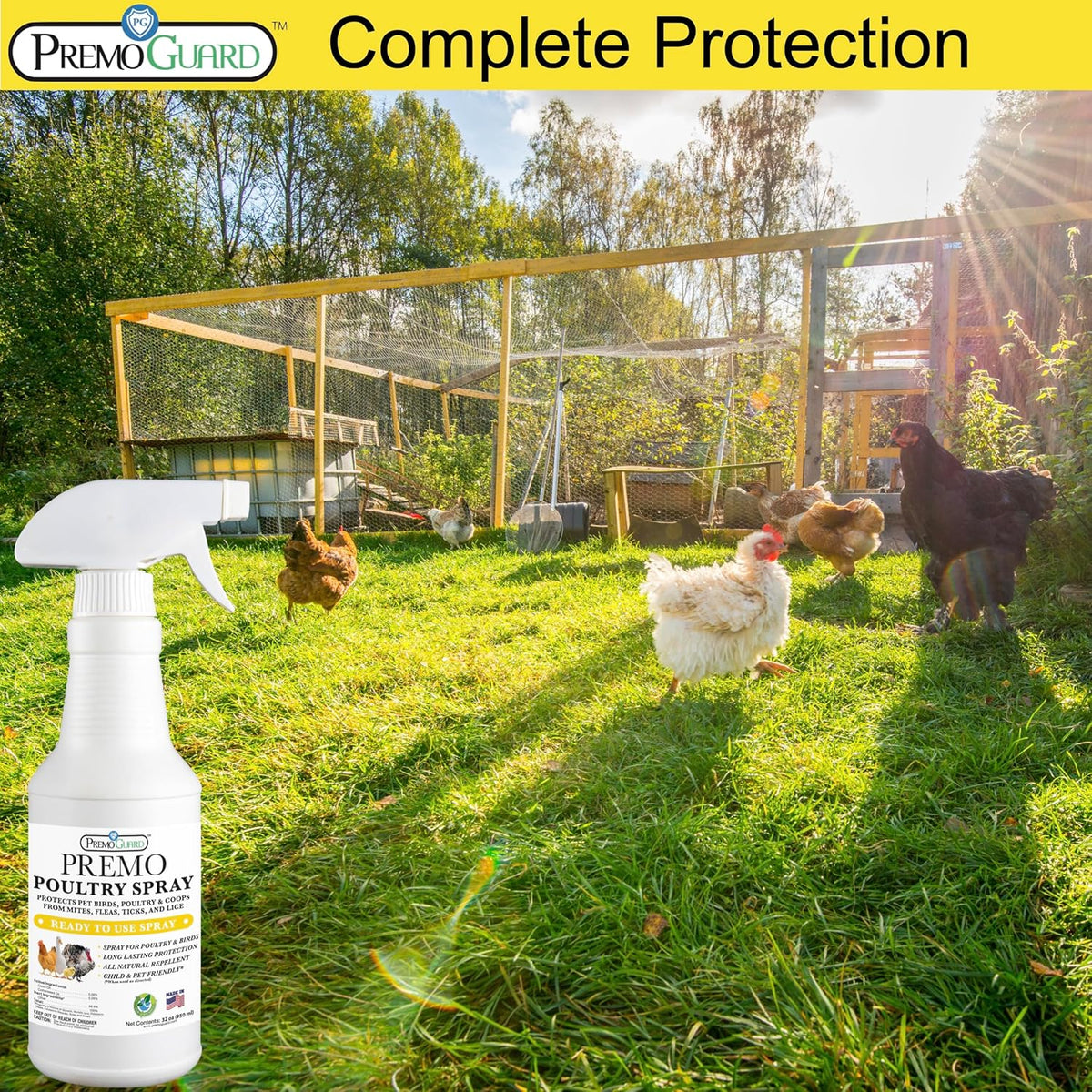 Premo Guard Poultry Spray - 32 oz - Kill Scaly Leg, Mites, Fleas, Lice, & Other Pest on Chickens