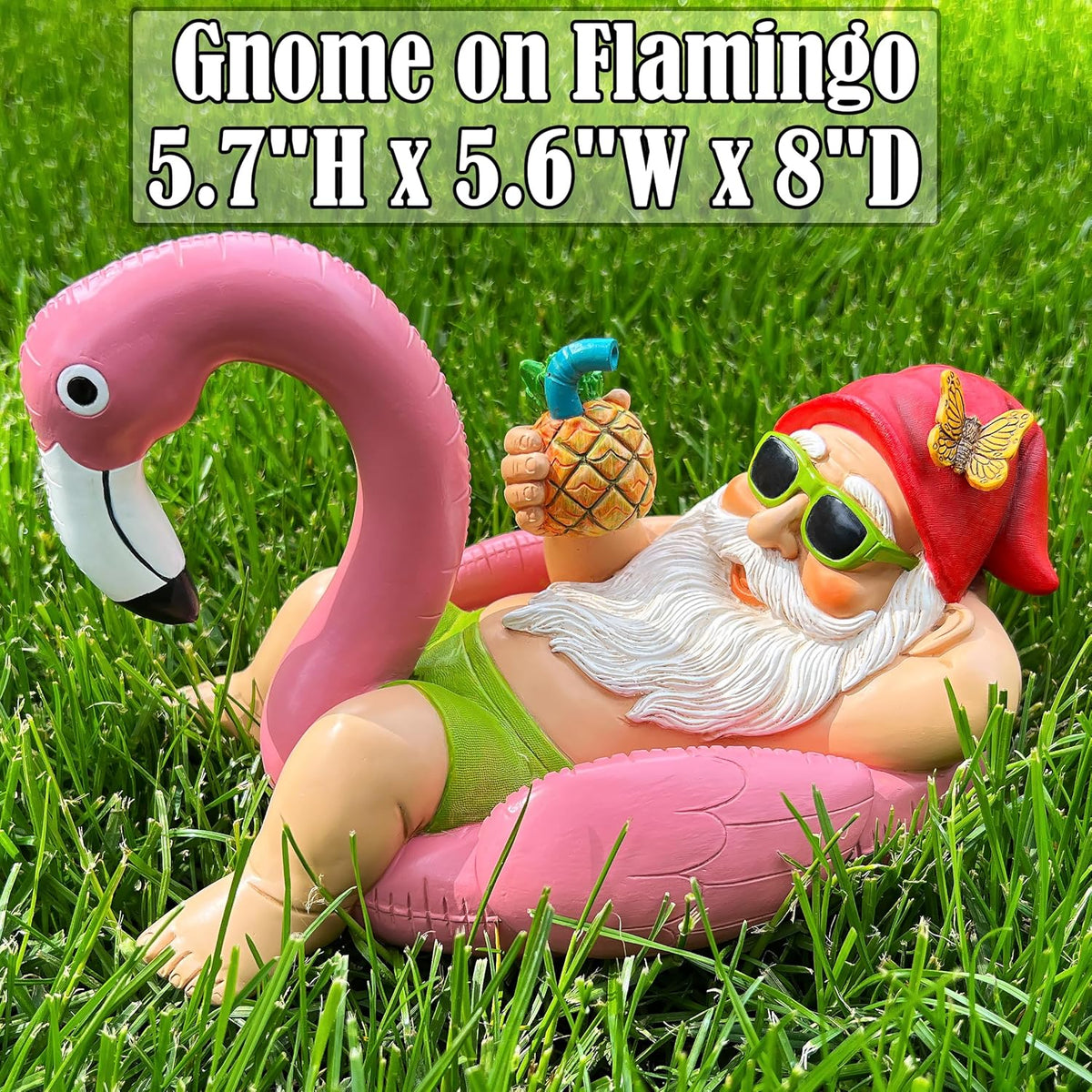 Mood Lab Garden Gnome on Flamingo - Funny Gnome Figurine - 8 Inch Depth Lawn Statue - for Outdoor