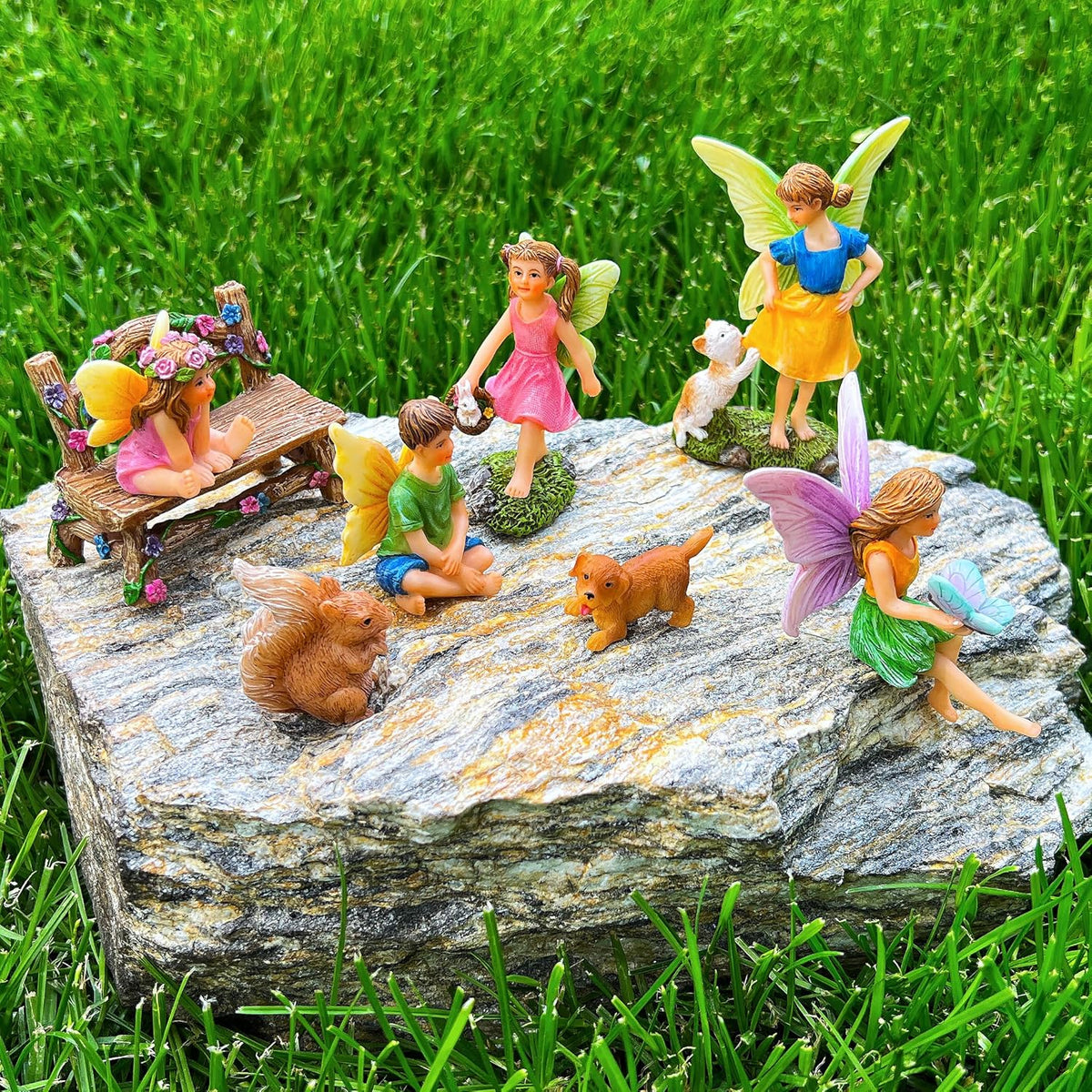 Mood Lab Fairy Garden - Miniature Fairies Figurines with Animals - Statues & Accessories Decor Set