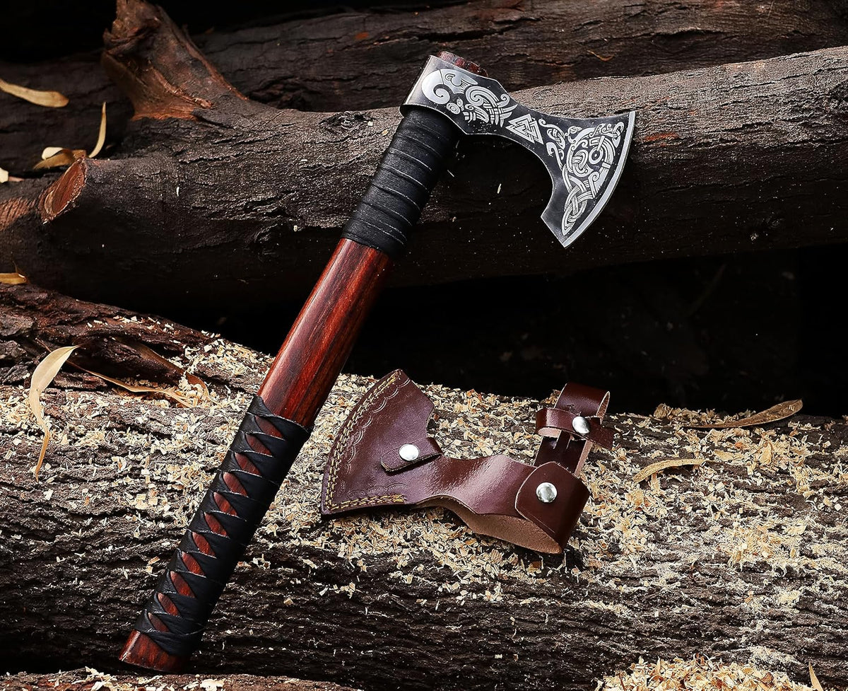 Viking Axe | 18" Carbon Steel Throwing Hatchet with Ash Wood Handle & Leather Sheath | Etched Norse