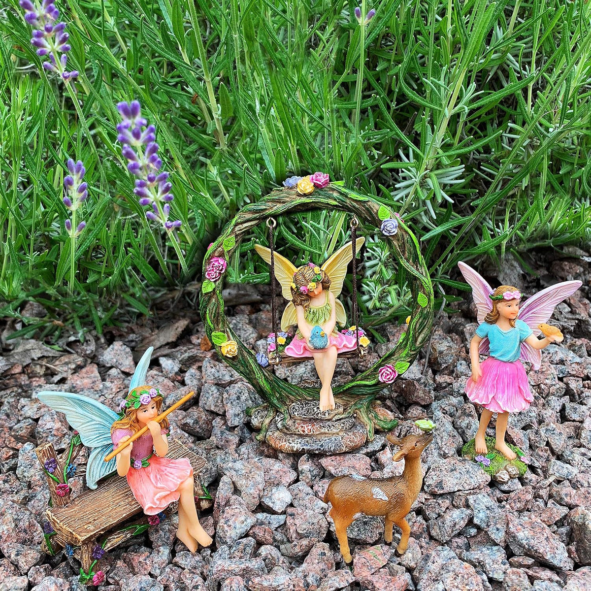 Mood Lab Fairy Garden Kit - Swing Set of 6 pcs Miniature Figurines & Accessories - Hand Painted for
