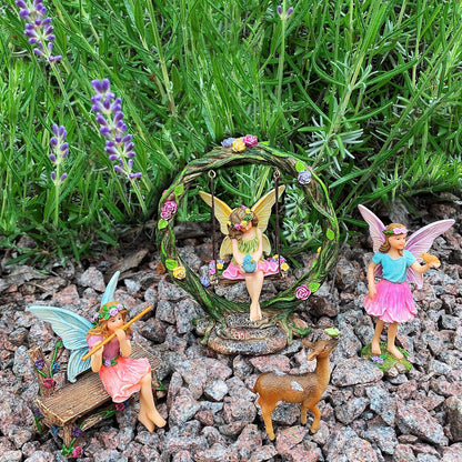 Mood Lab Fairy Garden Kit - Swing Set of 6 pcs Miniature Figurines & Accessories - Hand Painted for