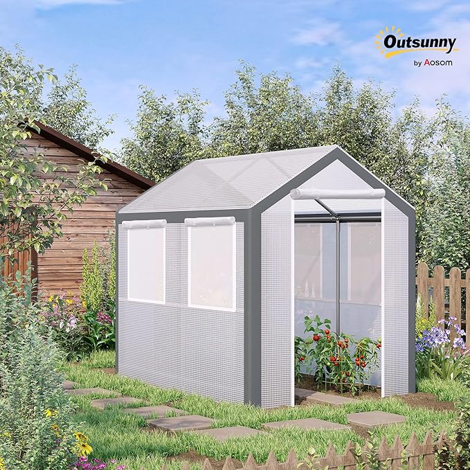 Outsunny 8' x 6' x 7' Walk-in Greenhouse, Outdoor Garden Warm Hot House with 4 Roll-up Windows, 2