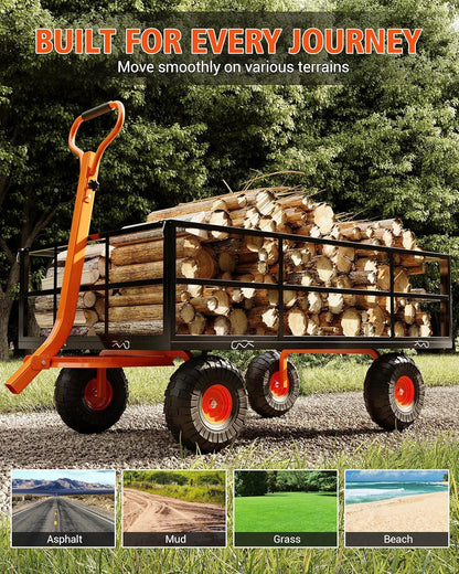Metal Wagon - 900lbs Garden Cart with 10" Multi-Terrain Tires, 4 Removable Mesh Sides & 180° Swivel