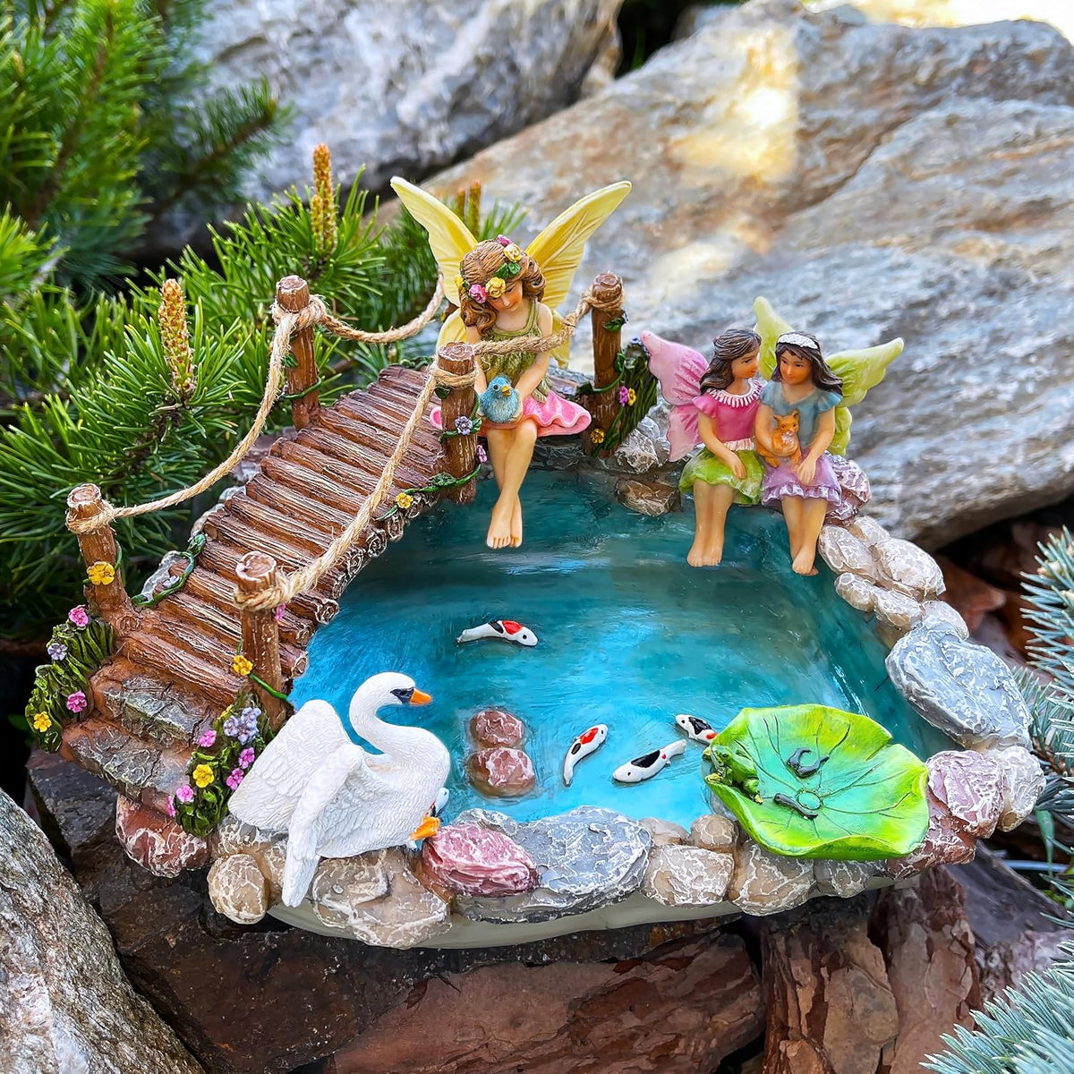 Mood Lab Fairy Garden Fish Pond Kit - Miniature Bridge Set of 6 pcs Fairy Garden Figurines &
