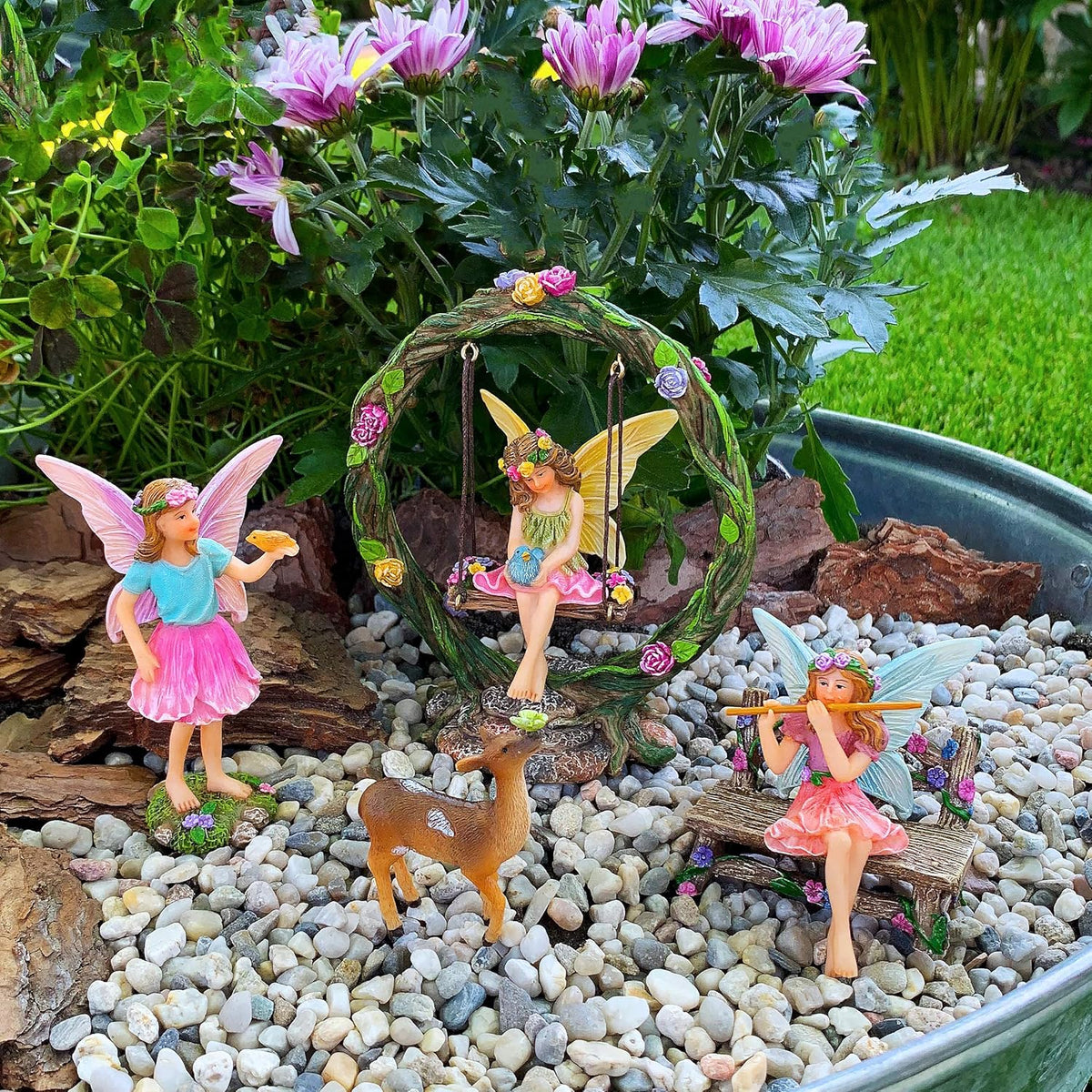 Mood Lab Fairy Garden Kit - Swing Set of 6 pcs Miniature Figurines & Accessories - Hand Painted for