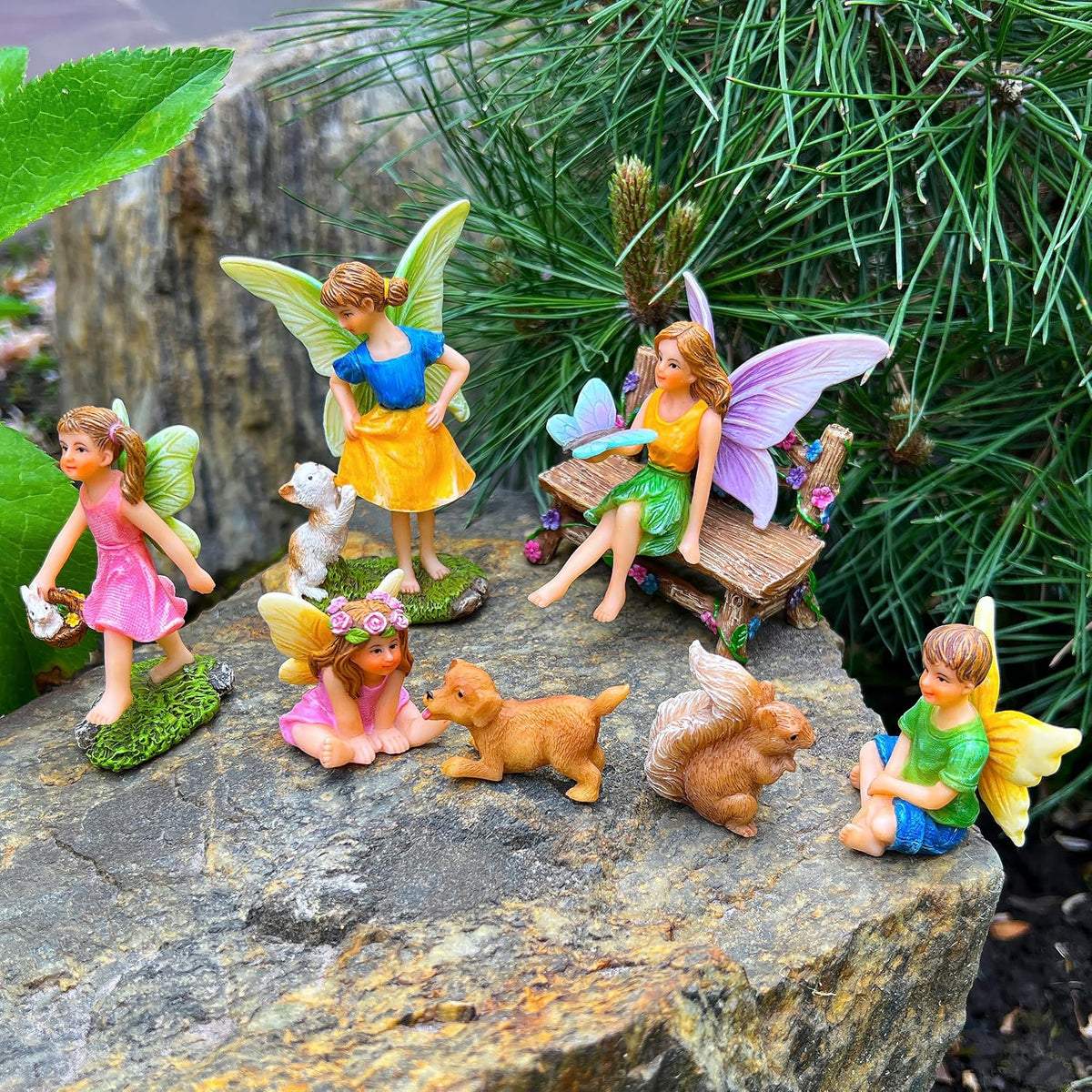 Mood Lab Fairy Garden - Miniature Fairies Figurines with Animals - Statues & Accessories Decor Set